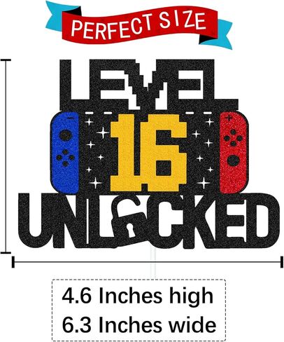 Level 16th Unlocked Sign Cake Topper Happy 16th Birthday Level Up Sixteenth Cake Decorations for Video Game Controller Themed Kids Boy Girl Bday Party Supplies Double Sided in Kuwait