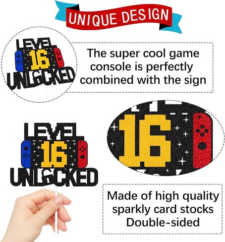 Level 16th Unlocked Sign Cake Topper Happy 16th Birthday Level Up Sixteenth Cake Decorations for Video Game Controller Themed Kids Boy Girl Bday Party Supplies Double Sided in Kuwait