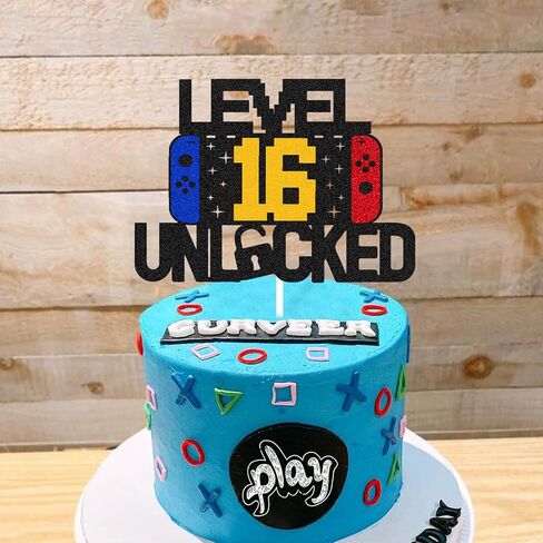 Level 16th Unlocked Sign Cake Topper Happy 16th Birthday Level Up Sixteenth Cake Decorations for Video Game Controller Themed Kids Boy Girl Bday Party Supplies Double Sided in Kuwait