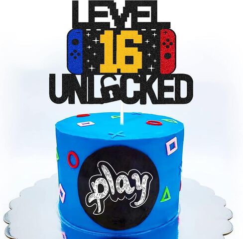 Level 16th Unlocked Sign Cake Topper Happy 16th Birthday Level Up Sixteenth Cake Decorations for Video Game Controller Themed Kids Boy Girl Bday Party Supplies Double Sided in Kuwait