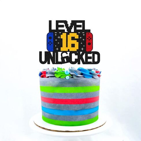 Level 16th Unlocked Sign Cake Topper Happy 16th Birthday Level Up Sixteenth Cake Decorations for Video Game Controller Themed Kids Boy Girl Bday Party Supplies Double Sided in Kuwait