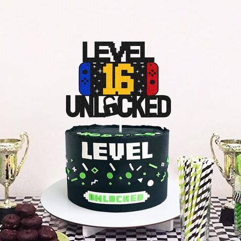 Level 16th Unlocked Sign Cake Topper Happy 16th Birthday Level Up Sixteenth Cake Decorations for Video Game Controller Themed Kids Boy Girl Bday Party Supplies Double Sided in Kuwait