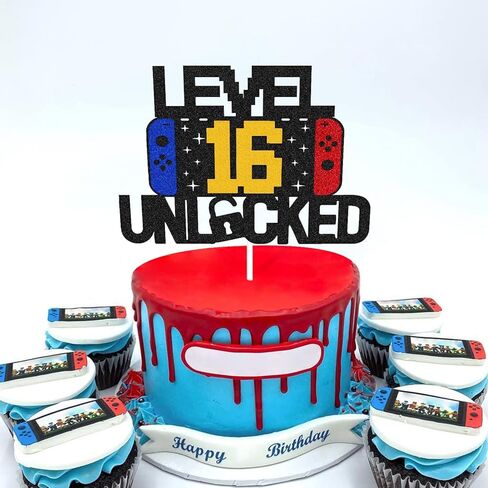 Level 16th Unlocked Sign Cake Topper Happy 16th Birthday Level Up Sixteenth Cake Decorations for Video Game Controller Themed Kids Boy Girl Bday Party Supplies Double Sided in Kuwait