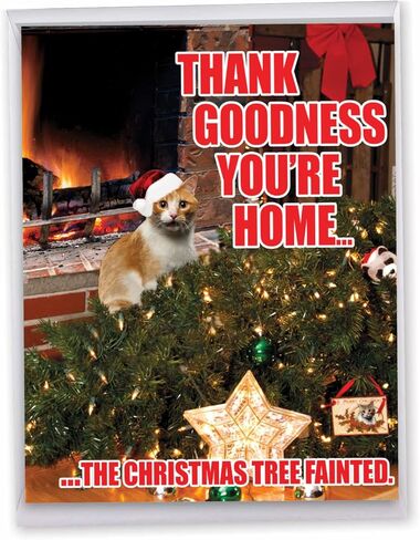 NobleWorks - Jumbo Christmas Greeting Card Funny (8.5 x 11 Inch) - Pet Animal Humor, Big Group Xmas Holiday Notecard - Tree Fainted Cat J2546XSG in Saudi Arabia
