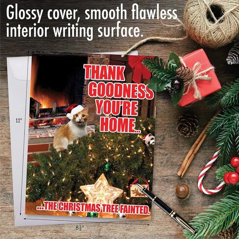 NobleWorks - Jumbo Christmas Greeting Card Funny (8.5 x 11 Inch) - Pet Animal Humor, Big Group Xmas Holiday Notecard - Tree Fainted Cat J2546XSG in Saudi Arabia