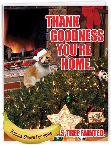 NobleWorks - Jumbo Christmas Greeting Card Funny (8.5 x 11 Inch) - Pet Animal Humor, Big Group Xmas Holiday Notecard - Tree Fainted Cat J2546XSG in Saudi Arabia