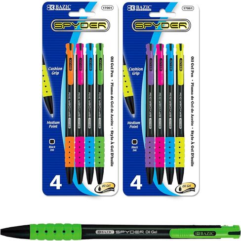 BAZIC Oil Gel Ink Retractable Pen Spyder Assorted Colors, 0.7 mm Medium Point Soft Grip Smooth Writing, for Office School (4/Pack), 1 UNIT, RANDOM COLOR in Saudi Arabia