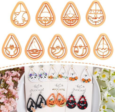 Puocaon Halloween Polymer Clay Cutters - 9 Pcs Clay Cutters for Polymer Clay Jewelry, Skull Ghost Clay Jewelry Cutters, Witch Hat Pumpkin Teardrop Shape Cutters for Polymer Clay Earrings Making in Saudi Arabia