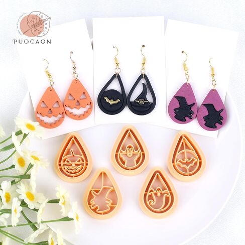 Puocaon Halloween Polymer Clay Cutters - 9 Pcs Clay Cutters for Polymer Clay Jewelry, Skull Ghost Clay Jewelry Cutters, Witch Hat Pumpkin Teardrop Shape Cutters for Polymer Clay Earrings Making in Saudi Arabia