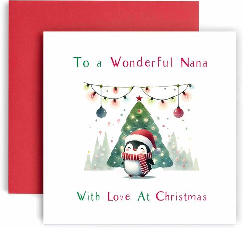 Huxters Festive Christmas Card for Nana – Penguin Watercolour Design – Christmas card for Santa and Xmas Traditions (Nana) in Saudi Arabia
