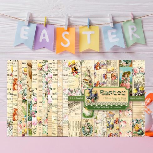 XMBHHRM 24 Sheets Easter Scrapbook Paper Spring Rabbit Decorative Craft Paper 6 x 6 Inch Bunny Eggs Themed Single -Sided Pattern for DIY Card Making Junk Journal Decor Album Supplies (A-Style) in Saudi Arabia