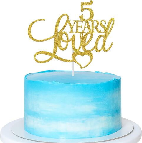 Gold Glitter 5 years loved Cake Topper - Happy 5th Birthday/Anniversary Cake Topper, 5th Birthday/Anniversary Cake Dacorations in Saudi Arabia