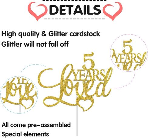 Gold Glitter 5 years loved Cake Topper - Happy 5th Birthday/Anniversary Cake Topper, 5th Birthday/Anniversary Cake Dacorations in Saudi Arabia