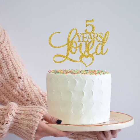 Gold Glitter 5 years loved Cake Topper - Happy 5th Birthday/Anniversary Cake Topper, 5th Birthday/Anniversary Cake Dacorations in Saudi Arabia