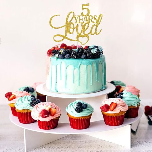 Gold Glitter 5 years loved Cake Topper - Happy 5th Birthday/Anniversary Cake Topper, 5th Birthday/Anniversary Cake Dacorations in Saudi Arabia