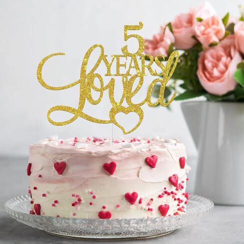 Gold Glitter 5 years loved Cake Topper - Happy 5th Birthday/Anniversary Cake Topper, 5th Birthday/Anniversary Cake Dacorations in Saudi Arabia