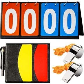 Yauhar 10Pcs Soccer Referee Kit Contain 4-Digital Portable Table Top Scoreboard Flipper, Stainless Steel Sports Whistles, Red Yellow Cards with Notebook for Football Soccer