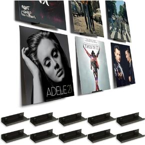 BiJun 10 Pack Vinyl Record Shelf Wall Mount, Metal Vinyl Holder Wall Mounted Minimalist Album Record Holder Display Your Daily LP Listening, CD, Comic Book in Store, Office and Home (Black)