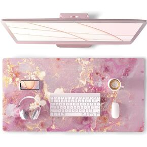 QIYI Large Mouse Pad, PU Leather Desk Mat for Desktop, Waterproof Gaming Desk Pad, Marble Full Desk Accessories Keyboard Mousepad, Abstract Art Home Office Décor 31.5" x 11.8" - Blue Pink Fluid
