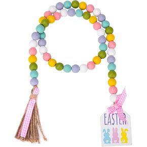 Easter Wood Bead Garland, 38.6" Spring Wood Beads Garland with Tassel, Wooden Beaded Easter Boho Decor Farmhouse Rustic Hanging Decorations for Home Room Wall Tiered Tray Shelf, Plaid Bunny