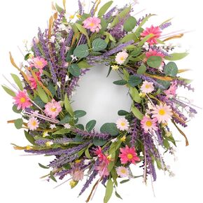CIR OASES 22inch Artificial Spring Wreath Lavender with Colorful Flowers,Green Leaves for Front Door Home Wall Party Decor