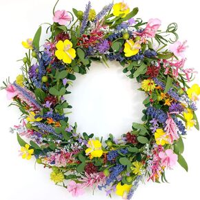 Bibelot 20" Daisy and Lavender Wreath Colourful Artificial Flower with Berry Wreath Spring Summer Wreath for Front Door Wall Window Wedding Decor