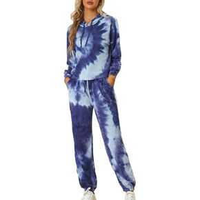 Allegra K المرأة قطعتين Sweatsuits التعادل صبغ كنزة قطيفة الرباط الركض رياضية الزي الرياضي