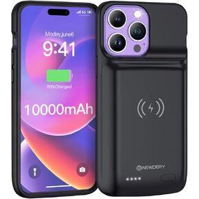 NEWDERY Battery Case for iPhone 14 Pro Max,14 Plus 10000mAh,Qi Wireless Charging,Wired Headset,Sync-Data Supported, Rechargeable Charger Case for iPhone 14/13/12 Pro Max, iPhone 14 Plus 6.7" Black