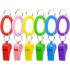 Sport Whistle with Bracelet 6pcs Loud Clear Plastic Whistles with Stretchable Coil Wrist Keychain Ring for Coaches Referees School Soccer Christmas Birthday Party Gift Survival Emergency Training