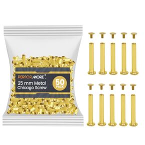 50 Pack of Chicago Screw Post Binding Screws, 25mm Brass Plated Metal Screw Posts for Scrapbooking, Photo Albums, Binding Leather Repair