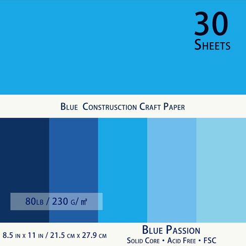 Blues Cardstock 8.5 x 11 Craft Paper Cover Stock Stash Pack- Blue Tones Assorted Colored Scrapbook Paper 80lb Card Stock for Construction Crafts, Embossing, Quilling, Cardmaking-30 Sheets in Saudi Arabia