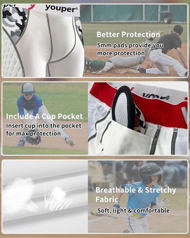 Youper Youth Elite Padded Sliding Shorts with Cup Pocket, Boys Compression Slider Shorts for Baseball & Football in Saudi Arabia