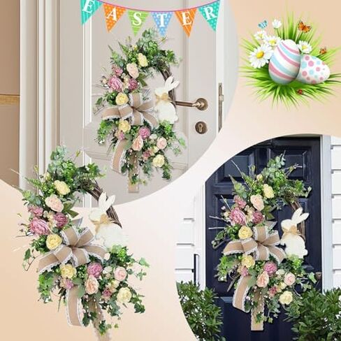 Easter Wreaths for Front Door, Easter Artificial Egg Wreath Decoration, Bunny Carrot Spring Wreath Farmhouse Home Indoor Outdoor Easter Decor in Saudi Arabia