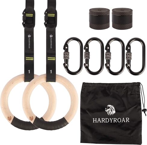 حلقات الجمباز الخشبية - معدات صالة الألعاب الرياضية لتمارين كروس فيت، وتدريب الجسم، والتمرين والتمرين - حلقات تسلق سهلة التركيب، وأشرطة أرقام قابلة للتعديل، وحلقات شريطية غير قابلة للانزلاق in Kuwait