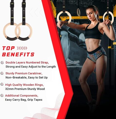 حلقات الجمباز الخشبية - معدات صالة الألعاب الرياضية لتمارين كروس فيت، وتدريب الجسم، والتمرين والتمرين - حلقات تسلق سهلة التركيب، وأشرطة أرقام قابلة للتعديل، وحلقات شريطية غير قابلة للانزلاق in Kuwait