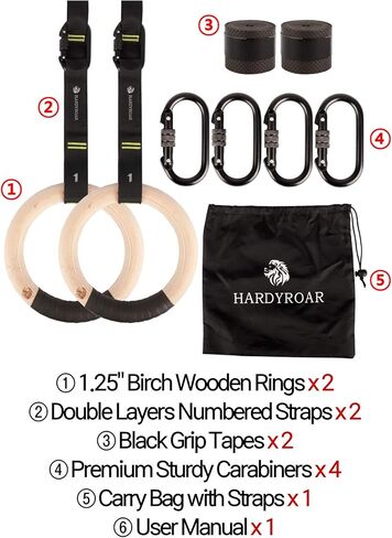 حلقات الجمباز الخشبية - معدات صالة الألعاب الرياضية لتمارين كروس فيت، وتدريب الجسم، والتمرين والتمرين - حلقات تسلق سهلة التركيب، وأشرطة أرقام قابلة للتعديل، وحلقات شريطية غير قابلة للانزلاق in Kuwait