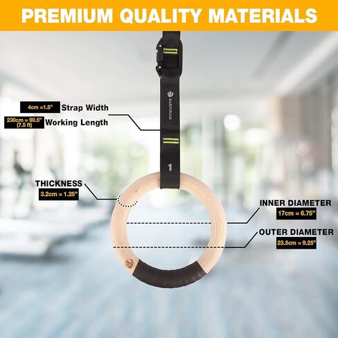 حلقات الجمباز الخشبية - معدات صالة الألعاب الرياضية لتمارين كروس فيت، وتدريب الجسم، والتمرين والتمرين - حلقات تسلق سهلة التركيب، وأشرطة أرقام قابلة للتعديل، وحلقات شريطية غير قابلة للانزلاق in Kuwait
