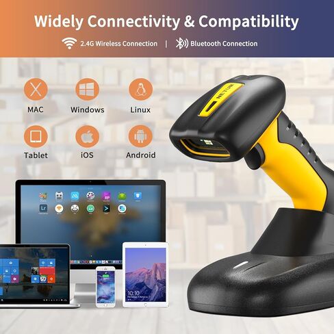 NETUM ماسح الباركود QR الصناعي بتقنية Bluetooth مع قاعدة شحن، قارئ رمز شريطي لاسلكي 2D 1D بقدرة 2600 مللي أمبير في الساعة للحماية من السقوط والصدمات والغبار بدون استخدام اليدين لنظام التشغيل Windows Mac Android iOS (NT-1200) in Saudi Arabia