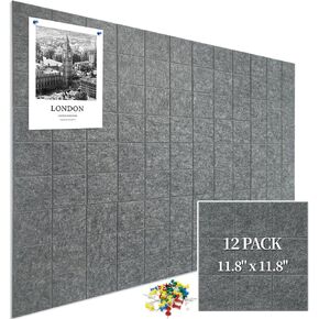 12 Pack Large Cork Board for Walls, 48" X 36" Felt Bulletin Board Tiles with 48 Safe Removable Adhesive Tabs & 60 Push Pins Board Decorative Cork Board Tack Board Wall Organizer for Office - Black