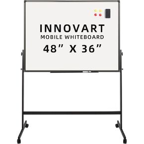 INNOVART Mobile Whiteboard 48" x 36", 360° Reversible Double Sided Magnetic Dry Erase Board with Portable Rolling Stand on Wheels, Easel Standing Board with Silver Aluminum Frame