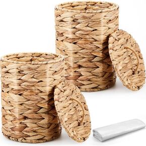 Ctosree 2 Pcs Wicker Trash Can Basket Woven Waste Basket with Lid Bathroom Wastebasket Garbage Bin with 100 Pieces of Trash Bags for Bedroom Farmhouse Home Office Kitchen(Brown, Small)