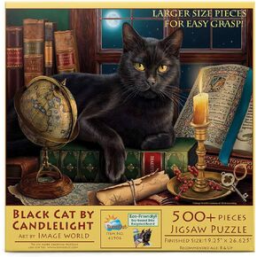 SUNSOUT INC - Black Cat by Candlelight - 500 pc Large Pieces Jigsaw Puzzle by Artist: Image World - Finished Size 19.25" x 26.625" - MPN# 42906