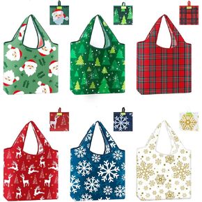 Christmas Reusable Gift Bags 6 Packs Foldable Heavy Duty Shopping Grocery Bags with Pouch Christmas Goody Bags Reusable Shopping Bags for Supermarket for Party Favors,Goody Gift Bags and Presents