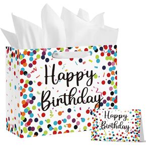 Horaldaily 13" Large Birthday Gift Paper Bags with Tissue Paper and Card, Happy Birthday Dots Streamers Gift Paper Bag for Men Women Kids Birthday,1Pcs