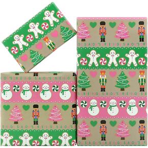 Pink and Green Christmas Wrapping Paper, 4 Sheets Gingerbread man, Nutcracker, Snowman Gift Wrap Paper, For Men Women Kids Boys Girls, Xmas Decorative Paper for Chirstmas Birthday Baby Shower