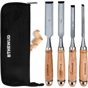 Wood Chisel Set – set of 4 Woodworking Chisels w/CR-V Steel Blades, Zipper Bag - Anti-Rust Coating Wood Chisels for Woodworking - Lightweight & Durable Carpenter Tools for Woodworking