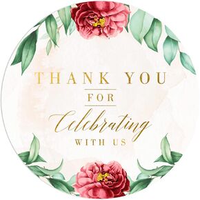 Mobiusea Creation Red Floral Thank You for Celebrating with us Stickers | 2 inch | Gold Foil | 60pcs Waterproof Thank You Stickers Wedding Labels for Wedding, Bridal Shower, Baby Shower