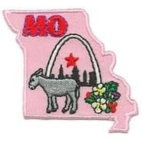 Missouri State Shape Iron On Patch Featuring The Gateway Arch and The Hawthorn Blossom