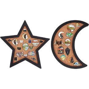 BENECREAT 2pcs Star Moon Pin Board Cork Board, Bulletin Display Board Wall Mounted Brooch Jewelry Display Board with Black Frame for Pin Collection Display, Office Home and School Decor