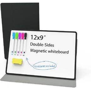 Portable Dry Erase White Board, 12x9 inches Small Magnetic White Board, Desk White Board with Stand for School, Office and Home. (Black)
